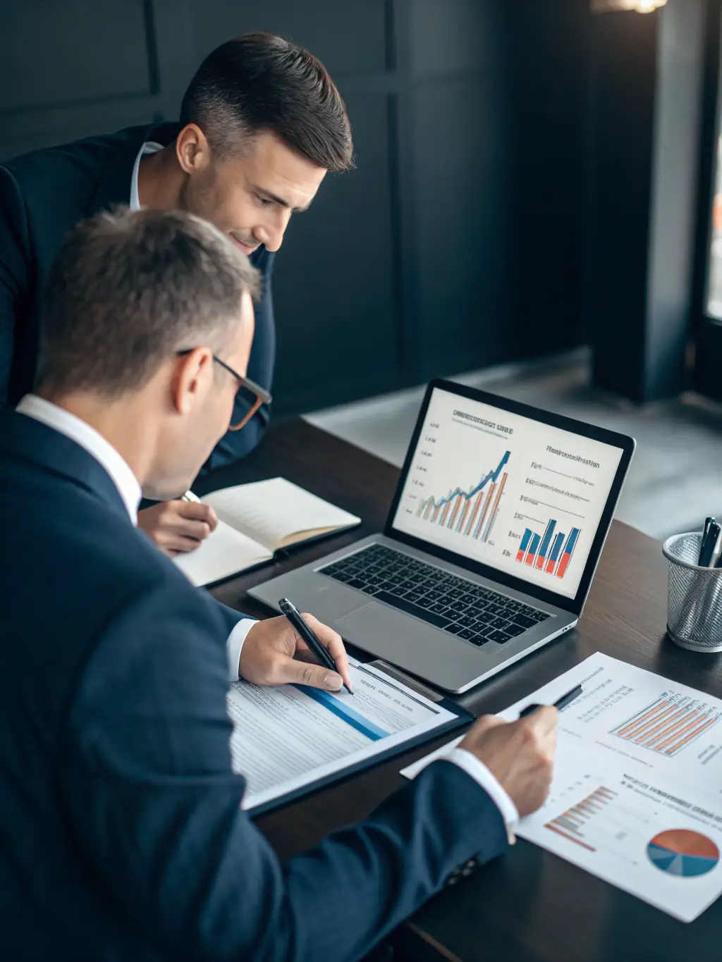 An image of a coach working with a client over a strategic plan, with charts and growth indicators on a laptop screen, representing Business Growth Coaching.