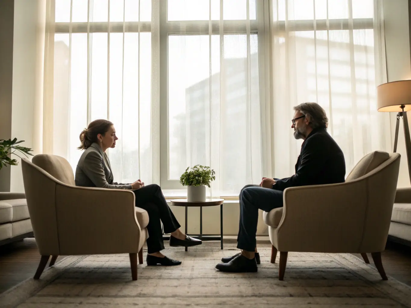 A professional business coach in a smart suit, sitting across a table from a client in a modern office setting, both smiling and engaged in a discussion, with a laptop displaying growth charts in the background.