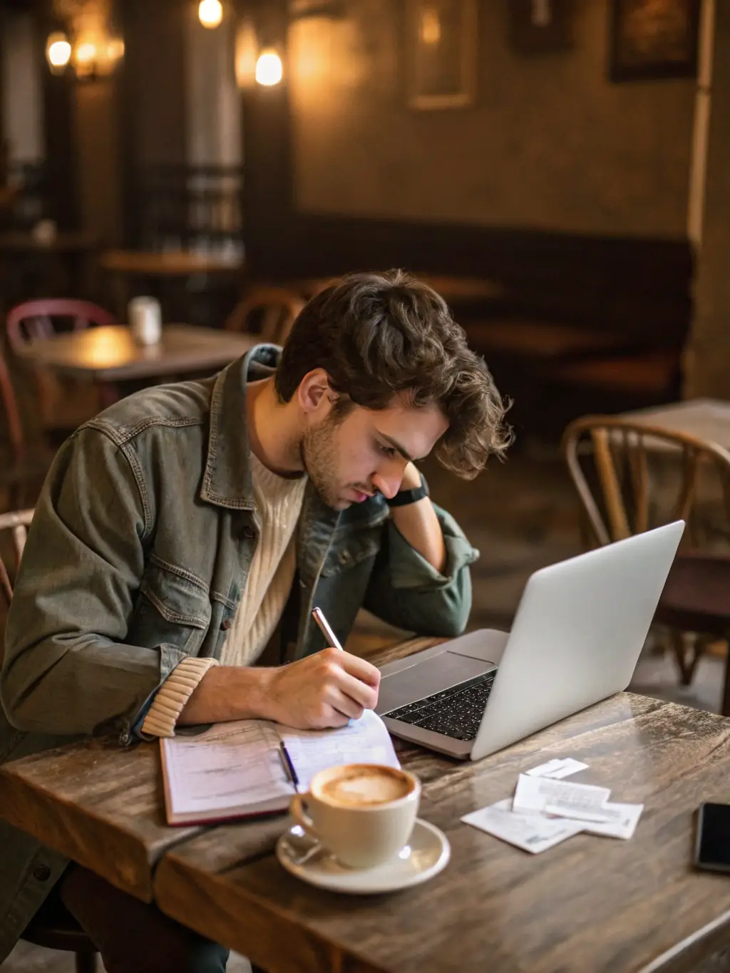 An image of an entrepreneur working on a laptop in a coffee shop, focused and determined, representing Entrepreneurial Coaching.