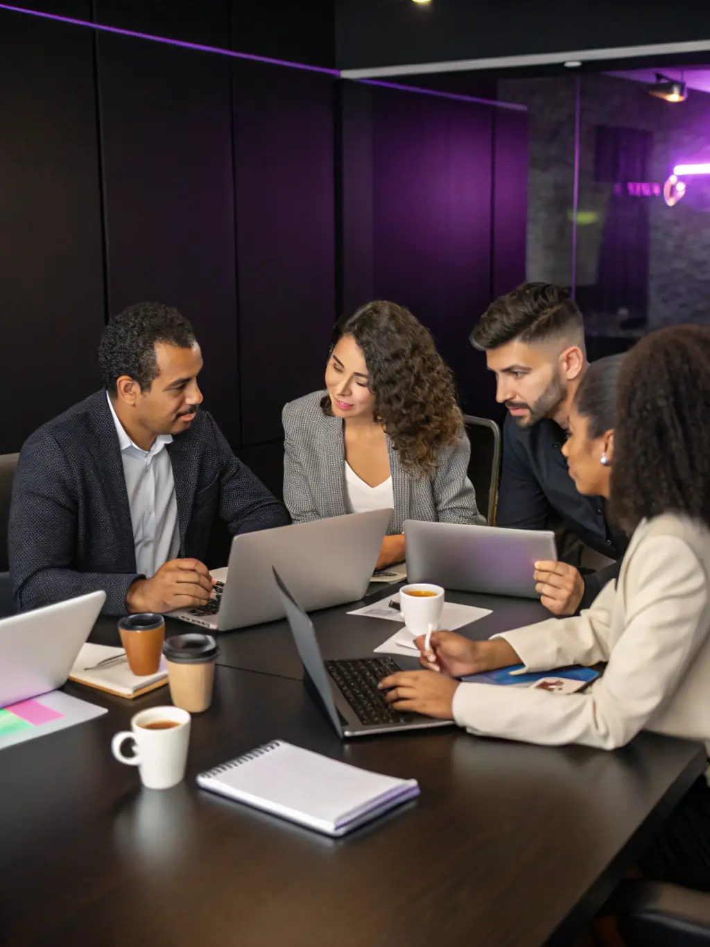 An image of a team collaborating in a modern office space, brainstorming ideas and working towards common goals, symbolizing Team Performance Coaching.