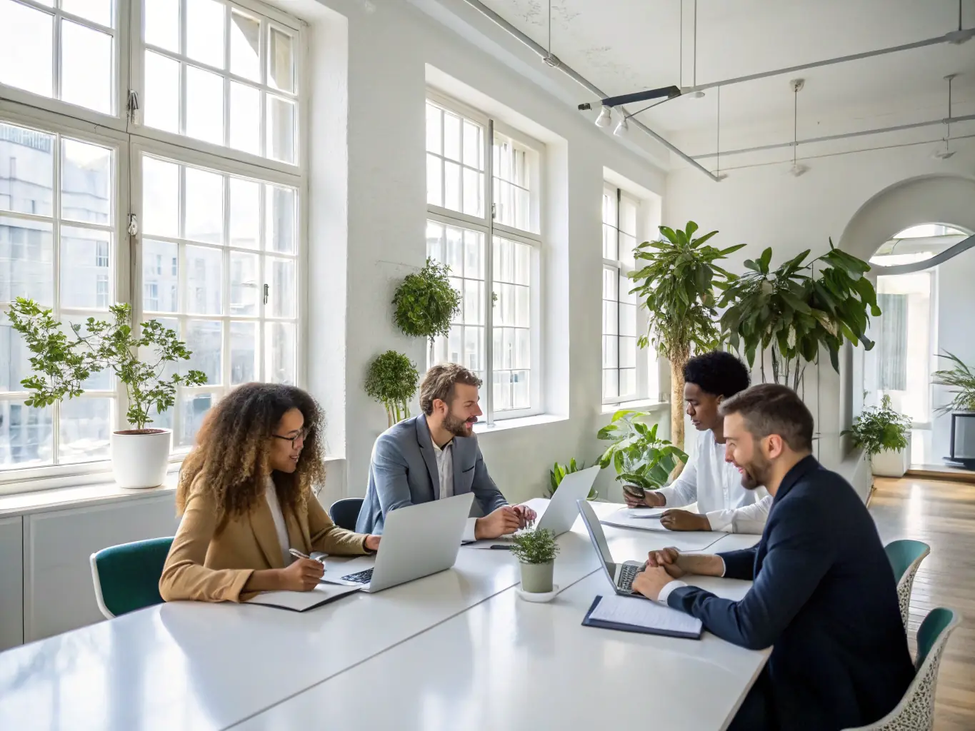 A diverse team of business professionals collaborating around a table, brainstorming ideas and strategies, with sticky notes and charts on the wall, representing a dynamic and innovative environment.