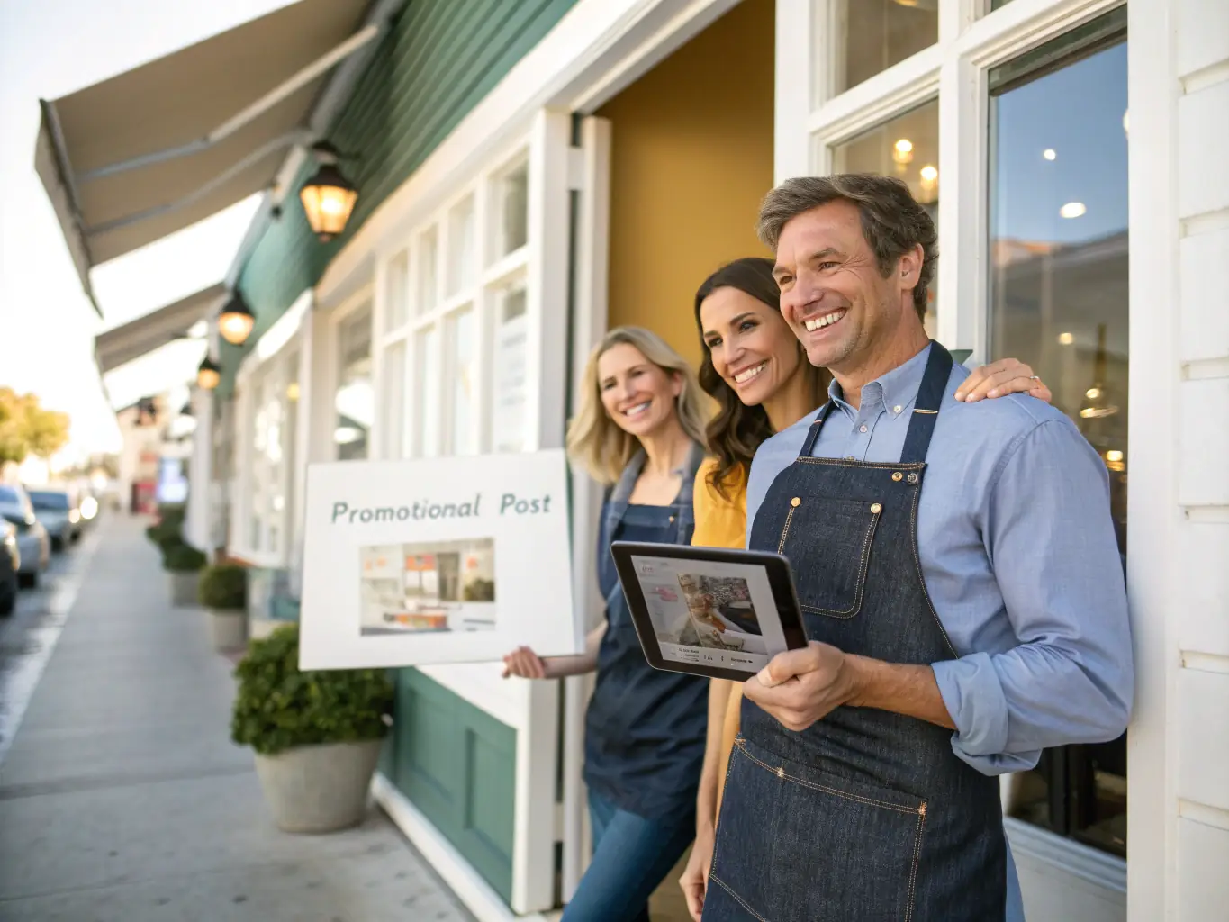 A successful business owner standing confidently in front of their thriving business, with a warm and welcoming smile, showcasing the tangible results of effective business coaching and strategic planning.