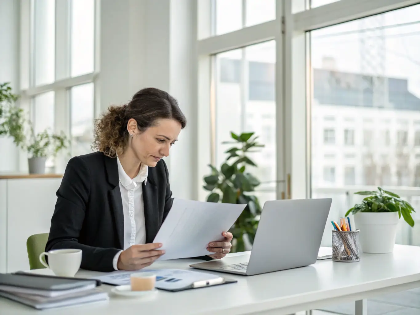 An entrepreneur working on a laptop in a cozy home office, with a cup of tea and a notebook nearby, symbolizing personal development and entrepreneurial success.