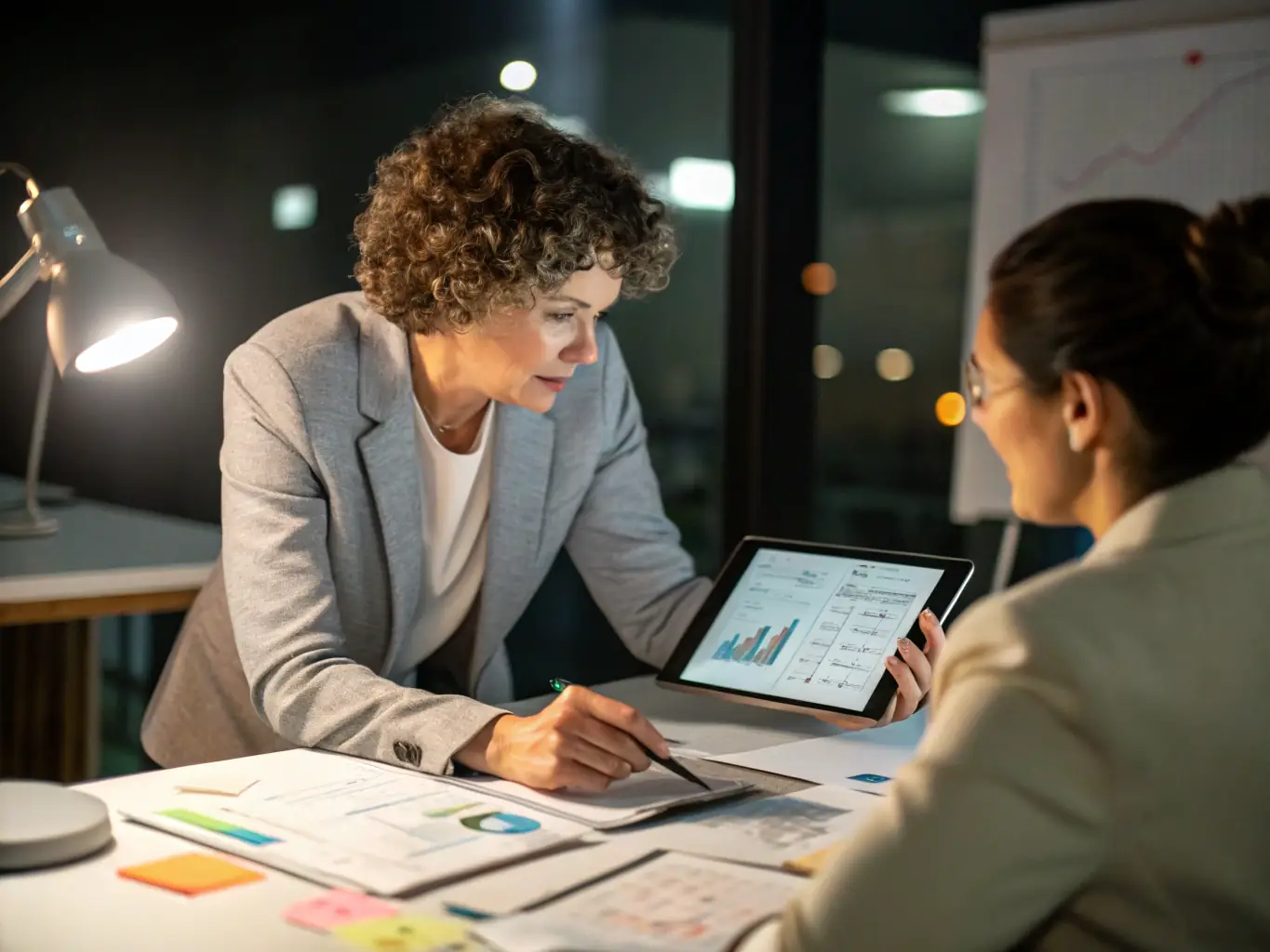 A professional business coach in a modern office setting, guiding a client through a strategic planning session, with charts and graphs visible in the background, symbolizing business growth and strategic development.