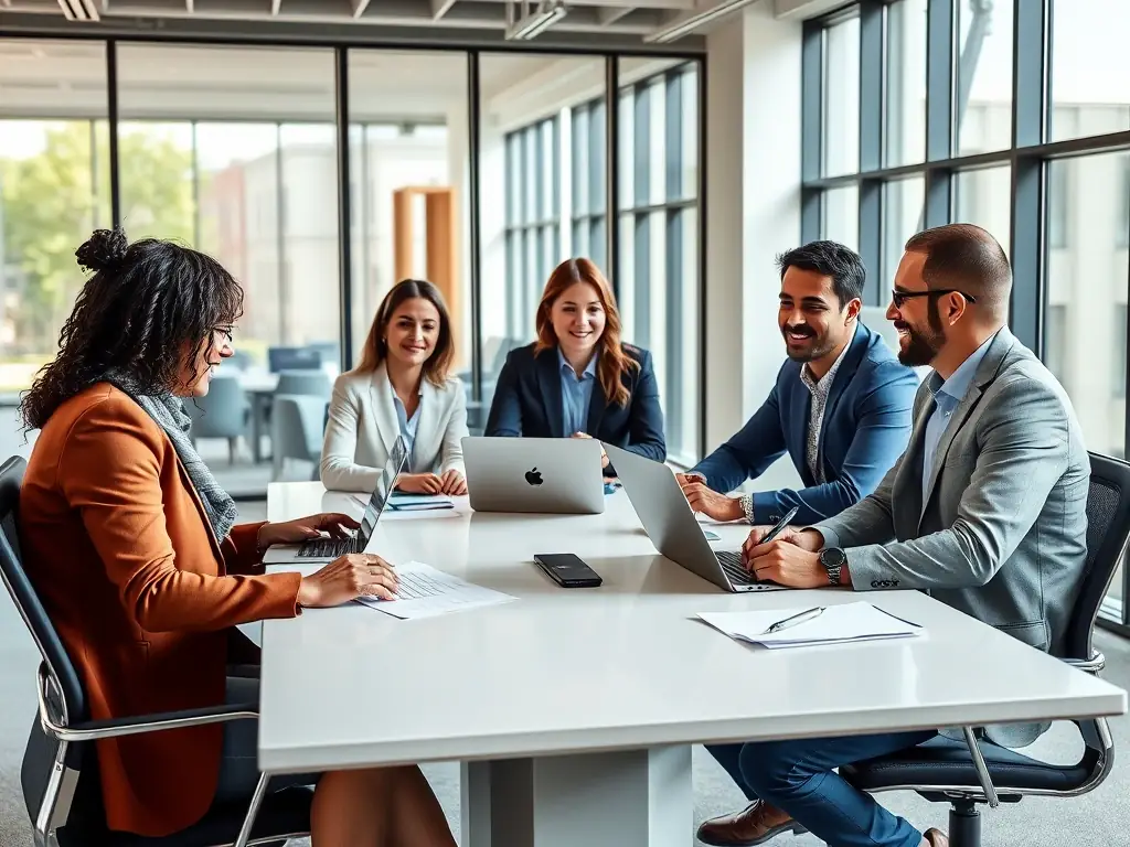 A diverse team of professionals collaborating in a bright, modern office, brainstorming ideas and working together on a project, symbolizing teamwork and collaborative success.
